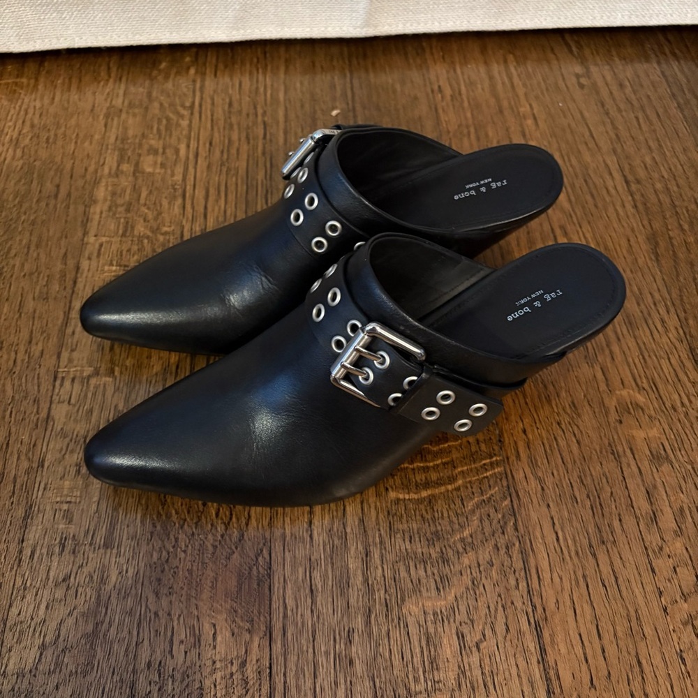 NEW Rag & Bone Black Leather Buckle Mules - size 7.5 37.5